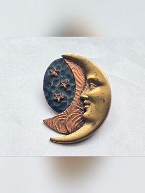 Vintage Mixed Metal Celestial Crescent Moon Brooch Anthropomorphic Silver Forest